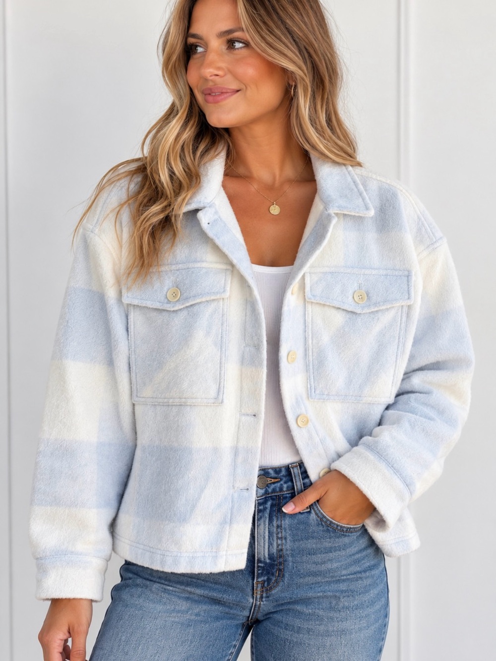 Women's Soft Plush Plaid Shacket - Light Blue & White